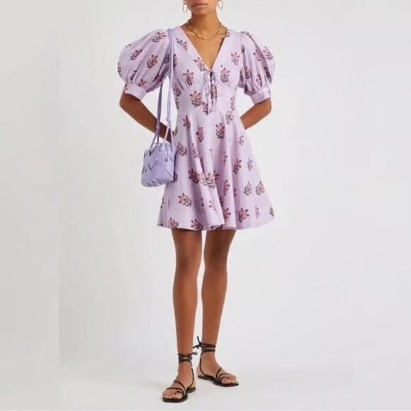 NEW House of Harlow Linen Floral Puff Sleeve Mini Dress Woman's Purple Size 8